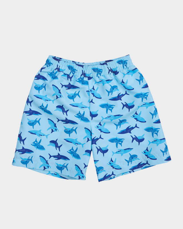 Boy's Shark-Print Swim Shorts, Size 9M-18